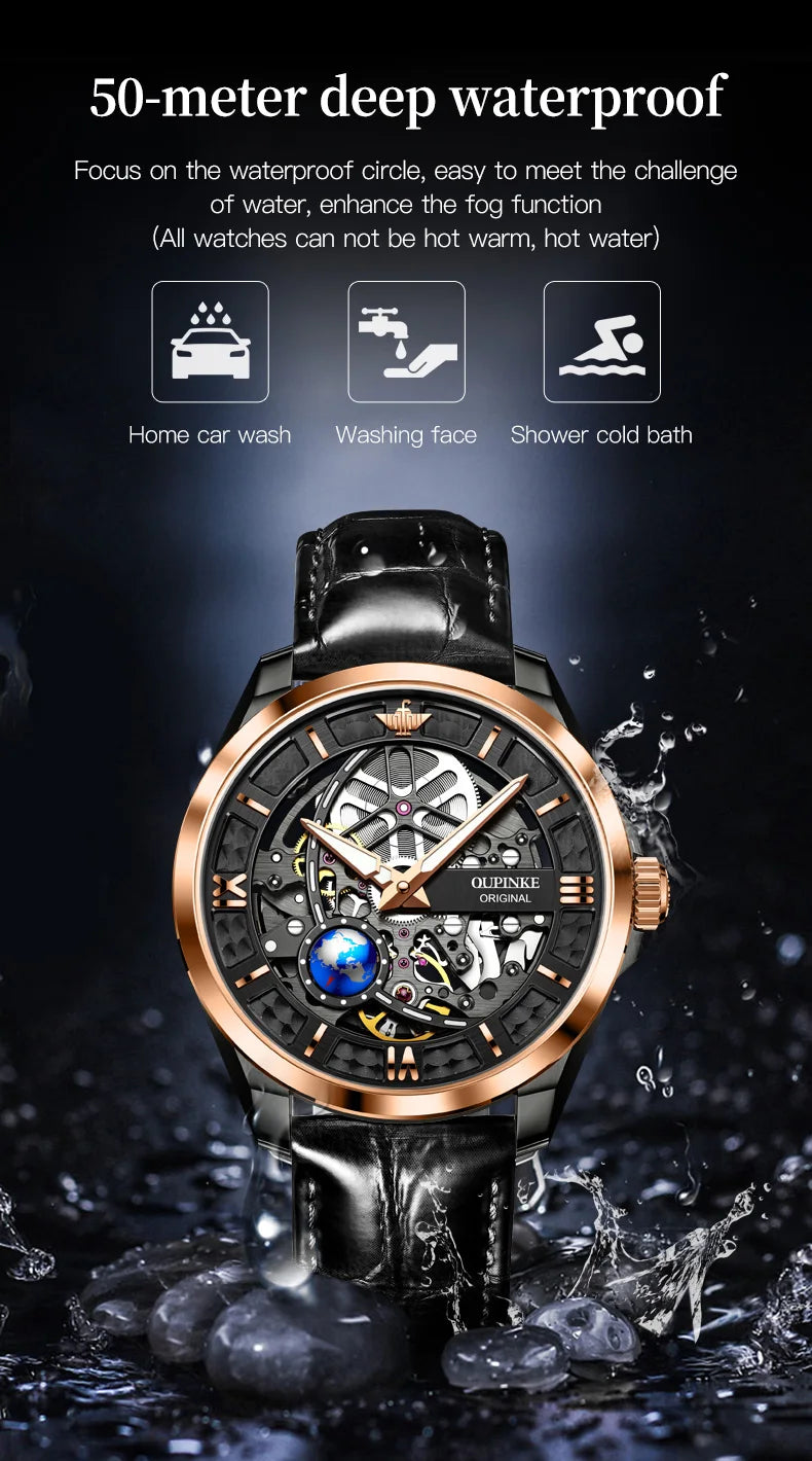 OUPINKE 3268 Man Automatic Watch Top Brand Hollow Deep Waterproof Mechanical Watch For Men Luxury Original Leather Wristwatch