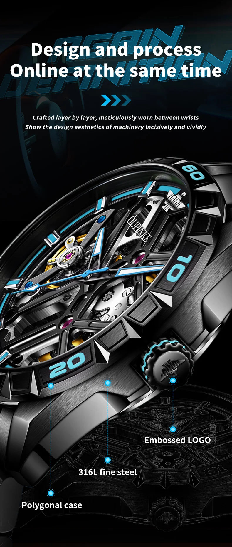 OUPINKE 3196 Blue Watch for Men Original Automatic Movement Deep Waterproof Hollow Out Mechanical Wristwatch Men