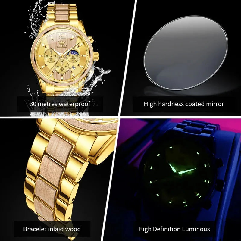 OLEVS 3645 Mens Watch Top Business Quartz Watch Solid Wood Multifunctional Chronograph Watch Moon Phase Reloj New