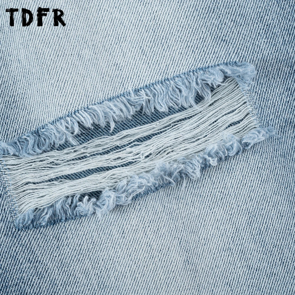 Ripped Denim Pants Mens Washed Distressed Retro Streetwear Baggy Straight Wide Leg Jeans Men