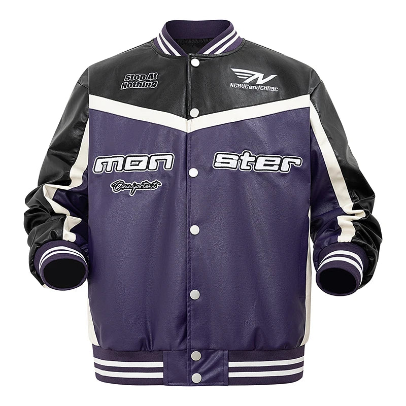 Mens PU Leather Jacket Motorcycle Bomber Jacket Letter Embroidery Coats Leather Vintage Racing Windbreaker Outerwear Streetwear