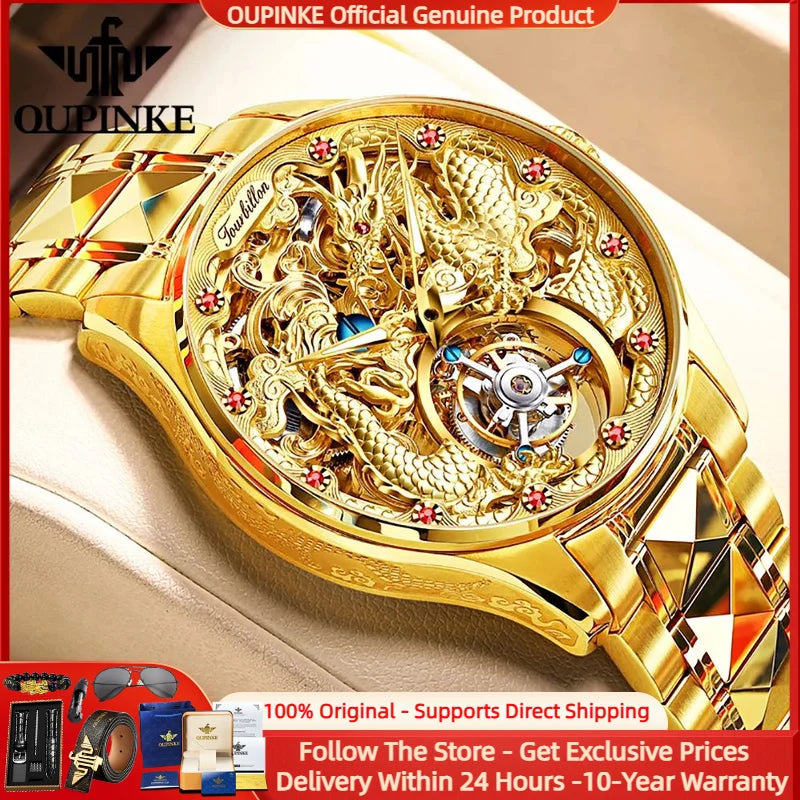 OUPINKE 3176 Luxury Tourbillon Men Mechanical Watch Top Brand Men's Gold Dragon Watch Tungsten Steel Sapphire Mirror Men Watch