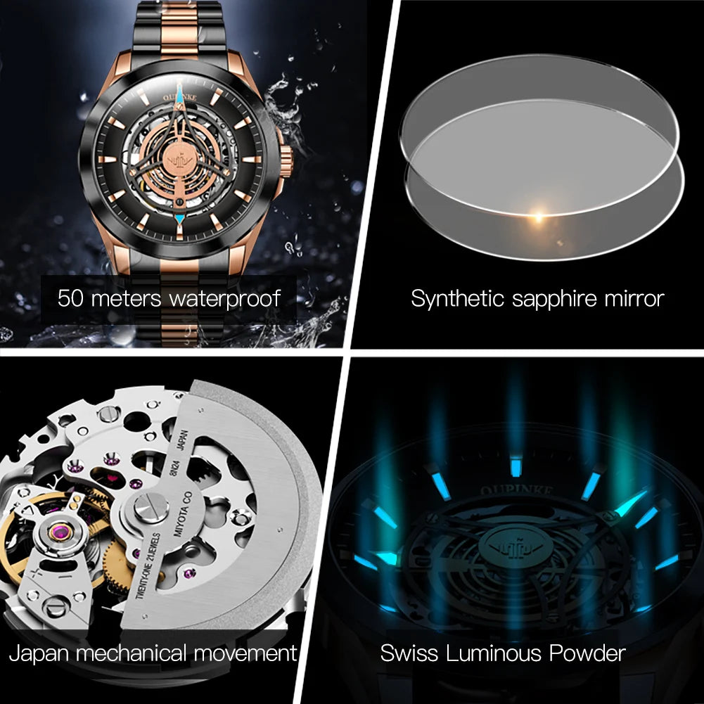 OUPINKE 3206 Men's Watches Sky Eye Automatic Mechanical Wristwatch for Man Waterproof Stainless Steel Luminous Sapphire Luxury