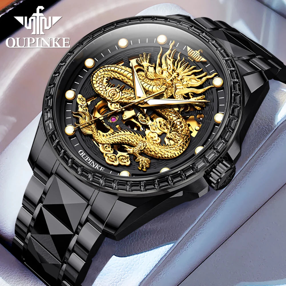 ﻿ OUPINKE 3276 Mens Watch Original luxury Brand Automatic Mechanical Watch﻿ Dragon Dial Watch For Men Moon Phase Watch Mens Gift