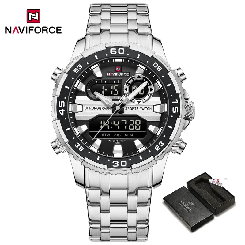 NAVIFORCE Men's Watch Luxury Waterproof Sports Chronograph Quartz Steel Band Wristwatch Digital Date and Week Display Male Clock