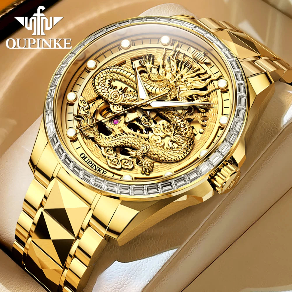 ﻿ OUPINKE 3276 Mens Watch Original luxury Brand Automatic Mechanical Watch﻿ Dragon Dial Watch For Men Moon Phase Watch Mens Gift