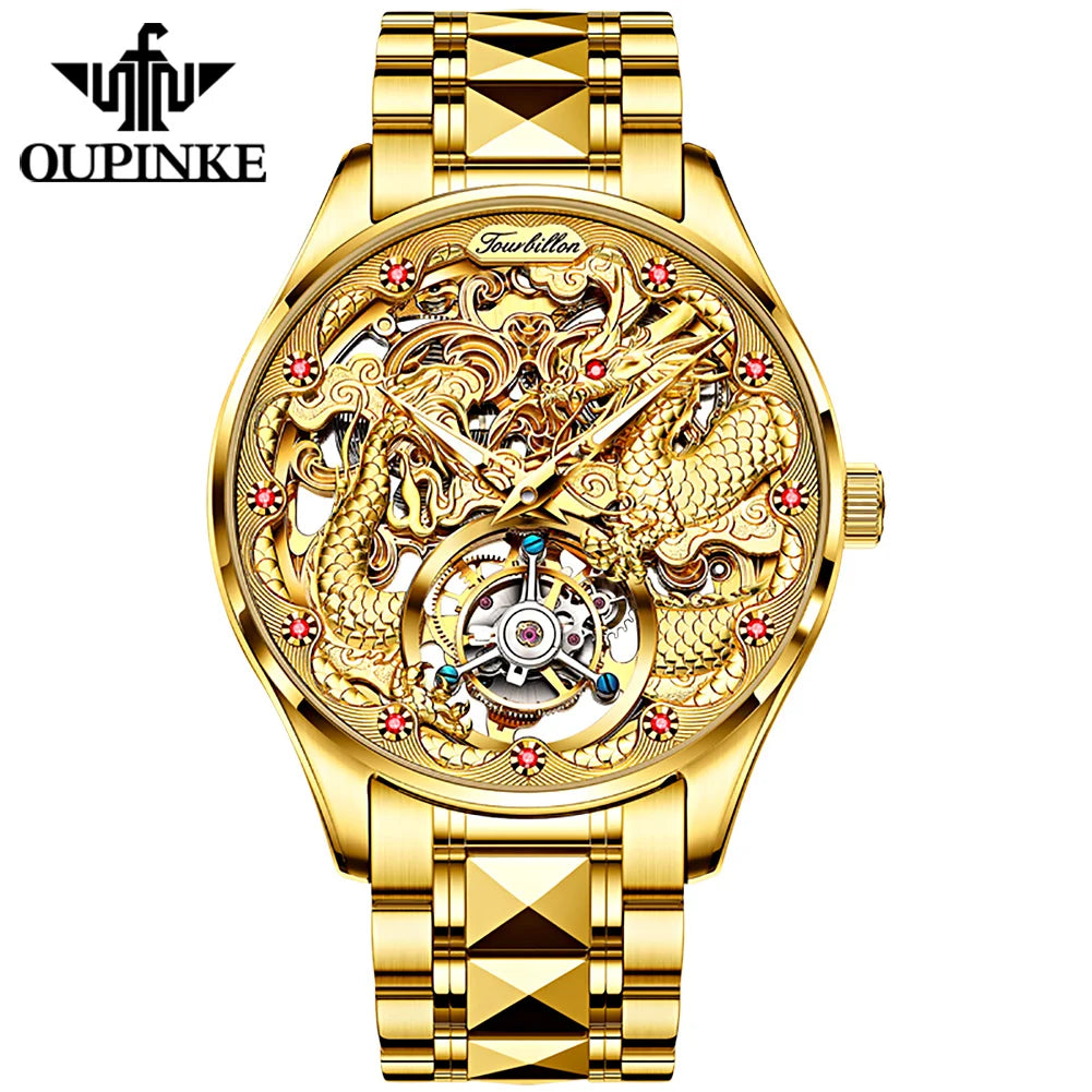 OUPINKE Gold Dragon Automatic Watch for Men Tourbillon Skeleton Mens Watches Original High Quality Luxury Mechanical Wristwatch