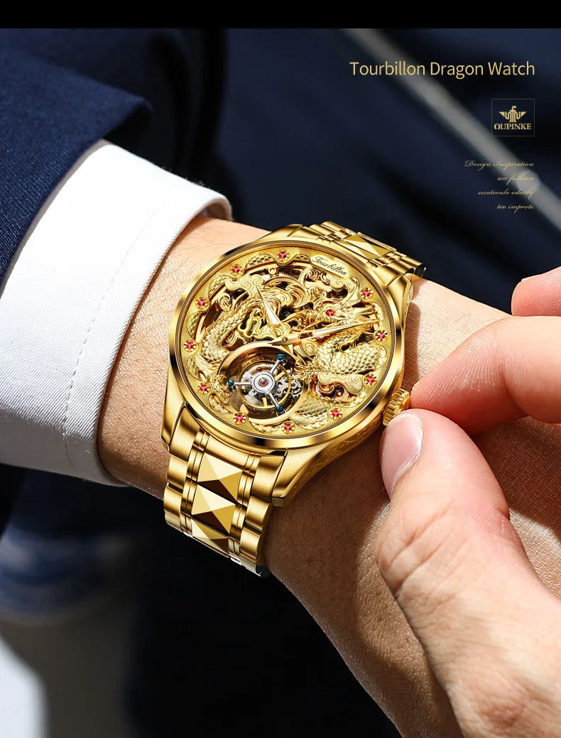 OUPINKE Brand 3176 Luxury Gold Dragon Mechanical Watch for Men Real Tourbillon Movement Wristwatch Waterproof Skeleton Watches