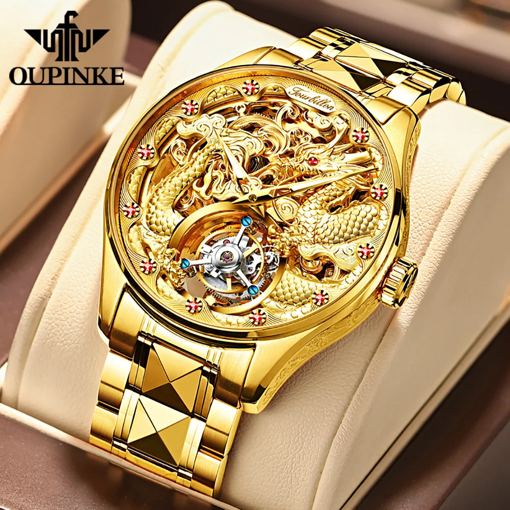 OUPINKE Brand 3176 Luxury Gold Dragon Mechanical Watch for Men Real Tourbillon Movement Wristwatch Waterproof Skeleton Watches