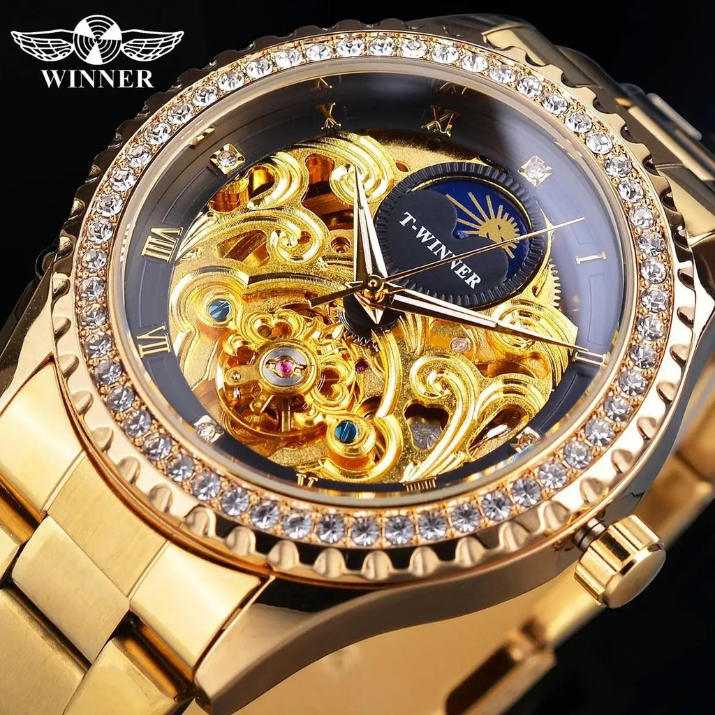 Winner Brand Golden Moon Phase Design Luxury Retro Style Diamond Full Stainless Steel Skeleton Tourbillon Men Automatic Watches