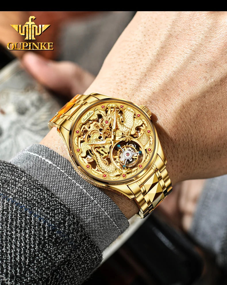 OUPINKE Factory Original Men's Watches Tourbillon movement Skeleton Gold Relief Dragon Watch for Man Top Luxury Brand Wristwatch