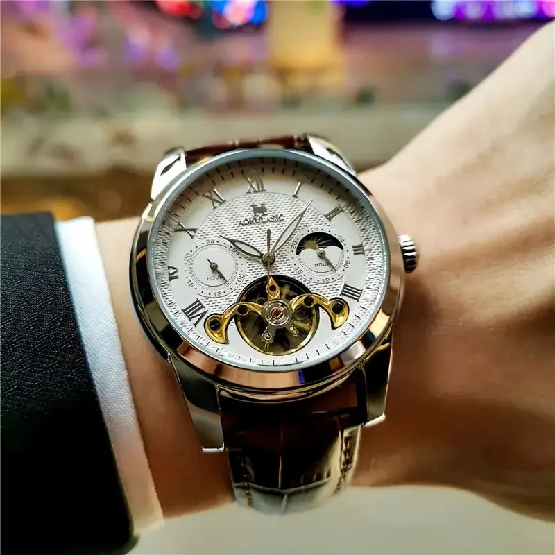[24 Hollow Tourbillon Watch] Hollow Tourbillon Mechanical Watch with Commercial Style - Men's Skeleton Design, 24 Hours, Hollow Design, Round Alloy Case, Automatic Wrap, No Batteries, First Choice Gift with Watches.