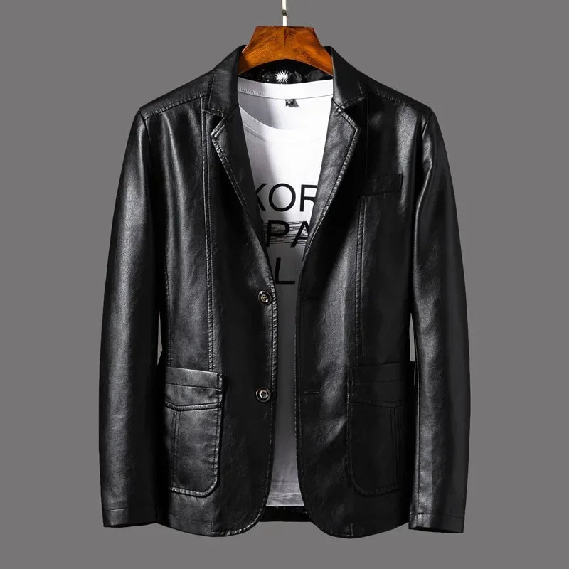 2025 Men's Leather Jackets Lapel Business Leather Jackets Men Pu Blazers Korean Style Slim Fashion Leather Coat Plus Size M-6XL