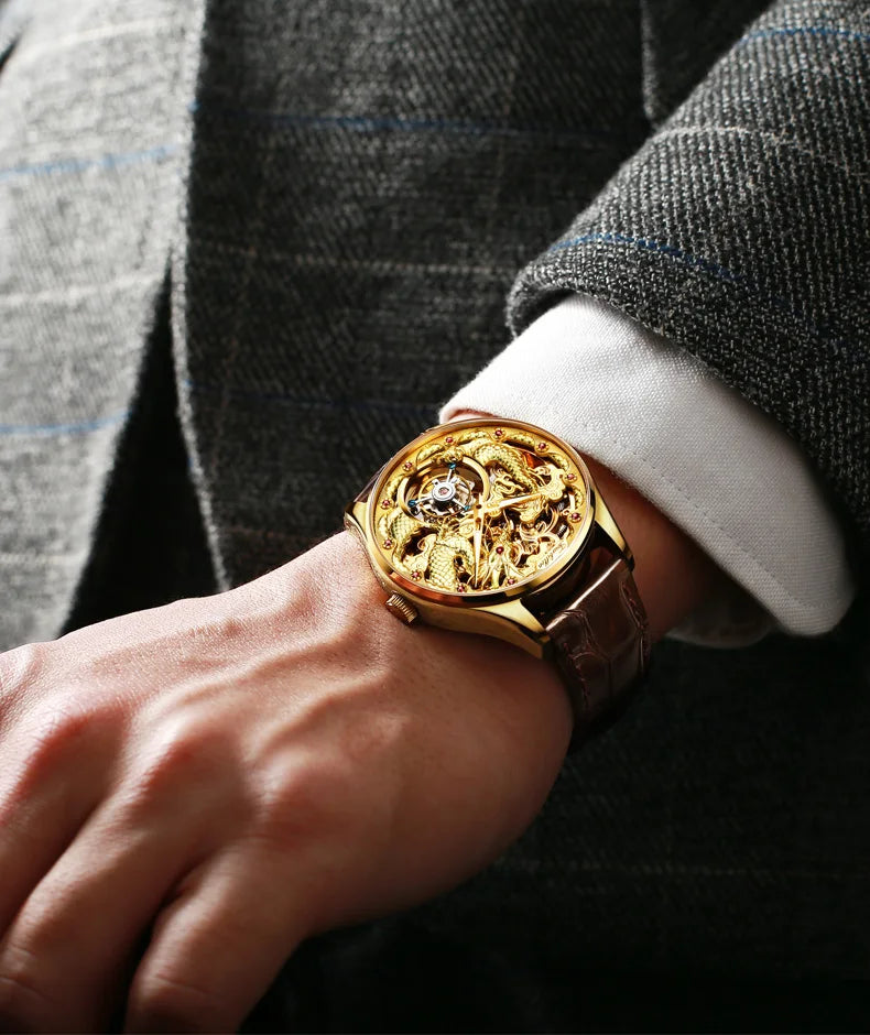OUPINKE 3176 Top Brand Tourbillon Watch for Men Original Leather Strap Golden Dragon Design Automatic Mechanical Movement Watch