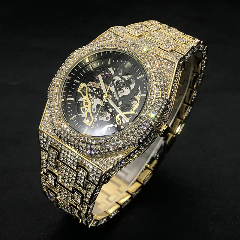 Automatic Watch For Men Luxury Full Ice Out  Hip Hop Tourbillon Watches Bling Diamond Gold Male Mechanical Clock Dropshipping