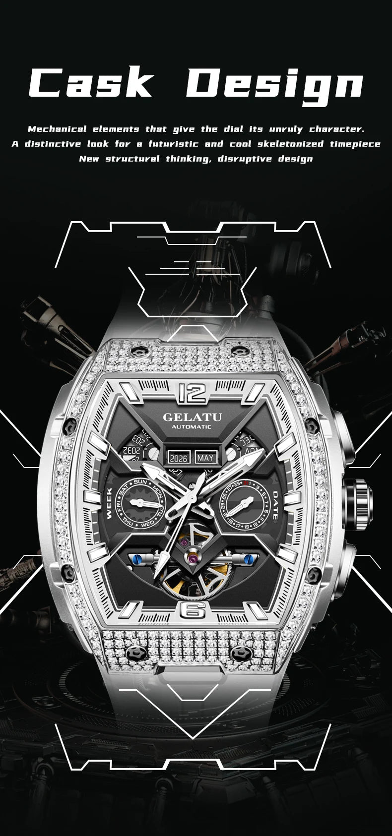 GELATU Top Brand Men's Watches Full Automatic Wristwatch for Man Hollow Mechanical Flywheel Date Week Waterproof Luminous