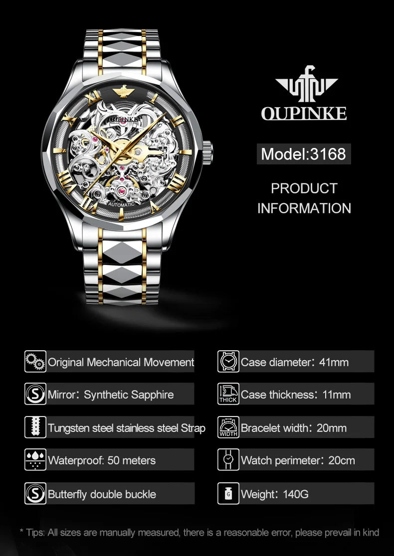 OUPINKE Tungsten Steel Strip Men's Watches Fully Transparent Dial Automatic Mechanical Watch Waterproof Sapphire Mirror Surface