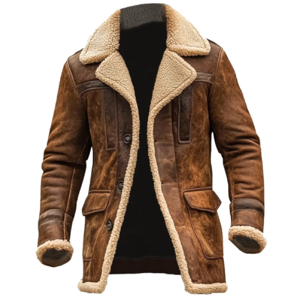 2025 Men's Vintage Suede Leather Patchwork Outdoor Jacket, Lamb Shearling Fleece Lined Reverse Collar Coat with Multiple Pockets