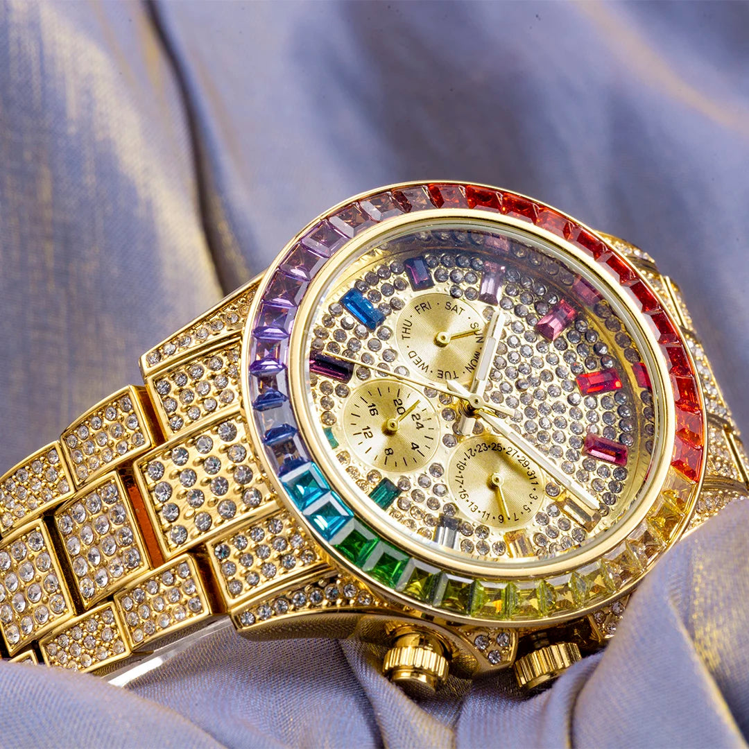 MISSFOX Blingbling Wristwatch For Men Luxury Colour Diamond Calendar Quartz Watch Hip Hop Fashion Waterproof Man Clock Hot Sale
