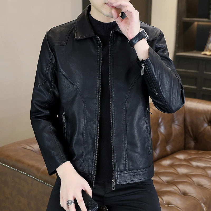 High-quality, fashionable, cool and trendy new lapel PU leather jacket for men, high-quality windproof, cool and versatile jacke