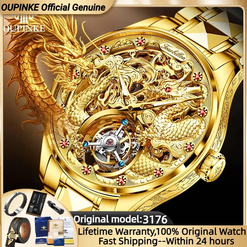 OUPINKE 3176 Tourbillon Men Watch 3D Carved Dragon Tungsten steel Waterproof Top tier Wristwatches Swiss Certification Watches