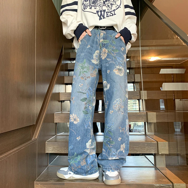 2024 baggy jeans men Floral Printed Jeans Korean Style Autumn Denim Pants High Street Loose Trousers Hip Hop Wide-leg Jean Pants