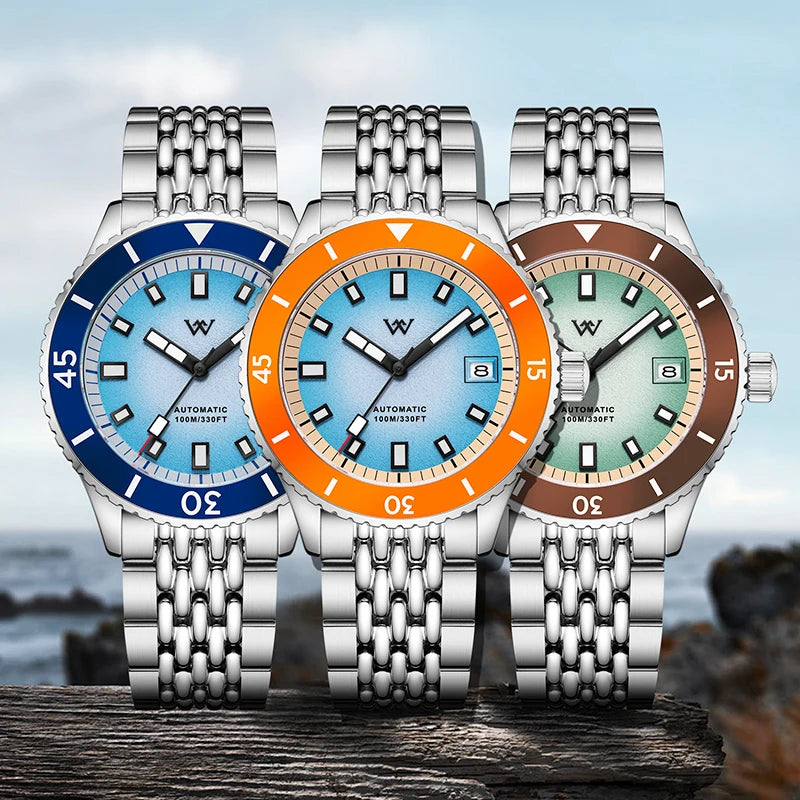 WM Watch Automatic Mechanical Dive Watch Men Ceramic Bezel Sparkle Grain Gradient Dial AR Coated NH35 Welly Merck Watches WM212