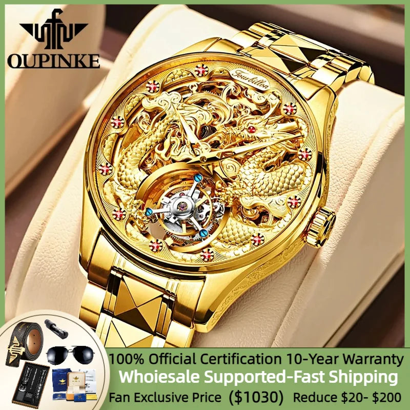 OUPINKE Gold Dragon Automatic Watch for Men Tourbillon Skeleton Mens Watches Original High Quality Luxury Mechanical Wristwatch
