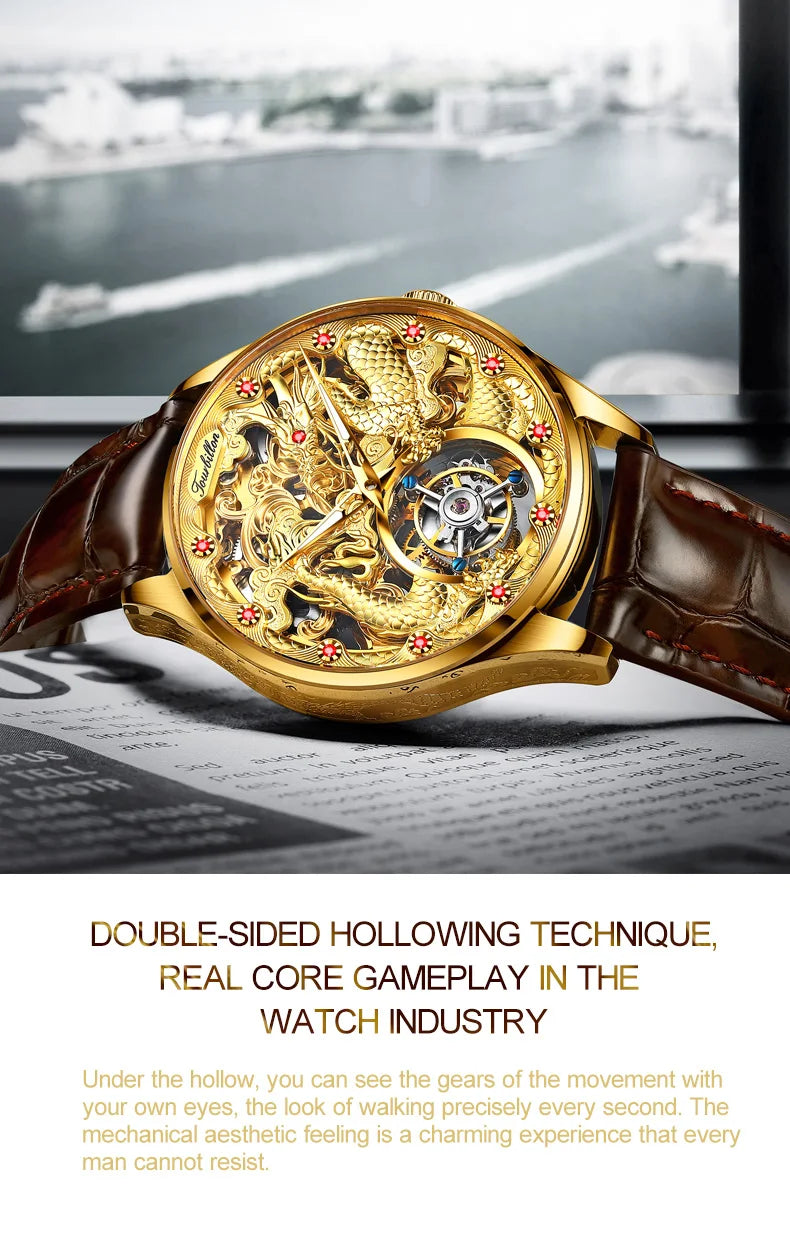 OUPINKE 3176 Top Brand Tourbillon Watch for Men Original Leather Strap Golden Dragon Design Automatic Mechanical Movement Watch