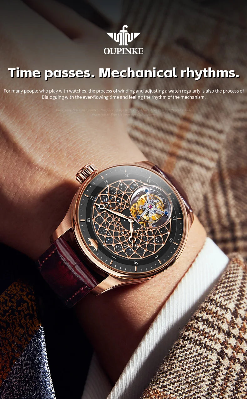 OUPINKE 8002 Watch Man Hollow Deep Waterproof Tourbillon Mechanical Watch For Men Synthetic Sapphire Mirror Fashion Hand Clock