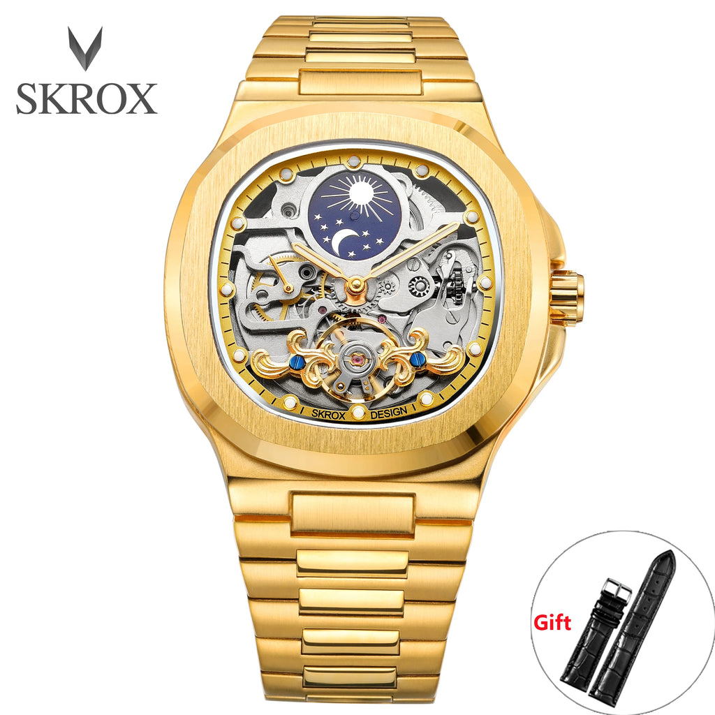 2025 High-end Luxury SKROX Square Man Watch Sapphire Stainless Steel Skeleton Moon Phase Classic Automatic Movement Male Watches
