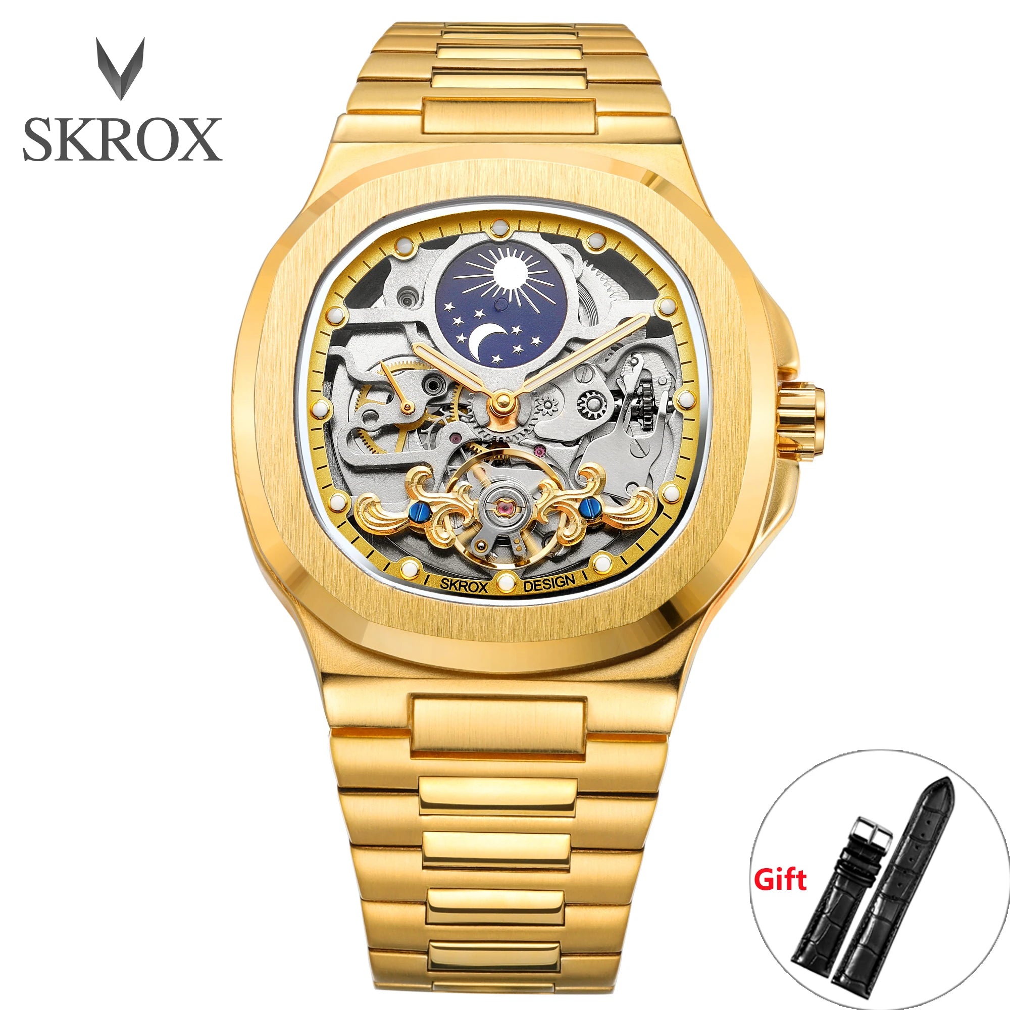 2025 High-end Luxury SKROX Square Man Watch Sapphire Stainless Steel Skeleton Moon Phase Classic Automatic Movement Male Watches
