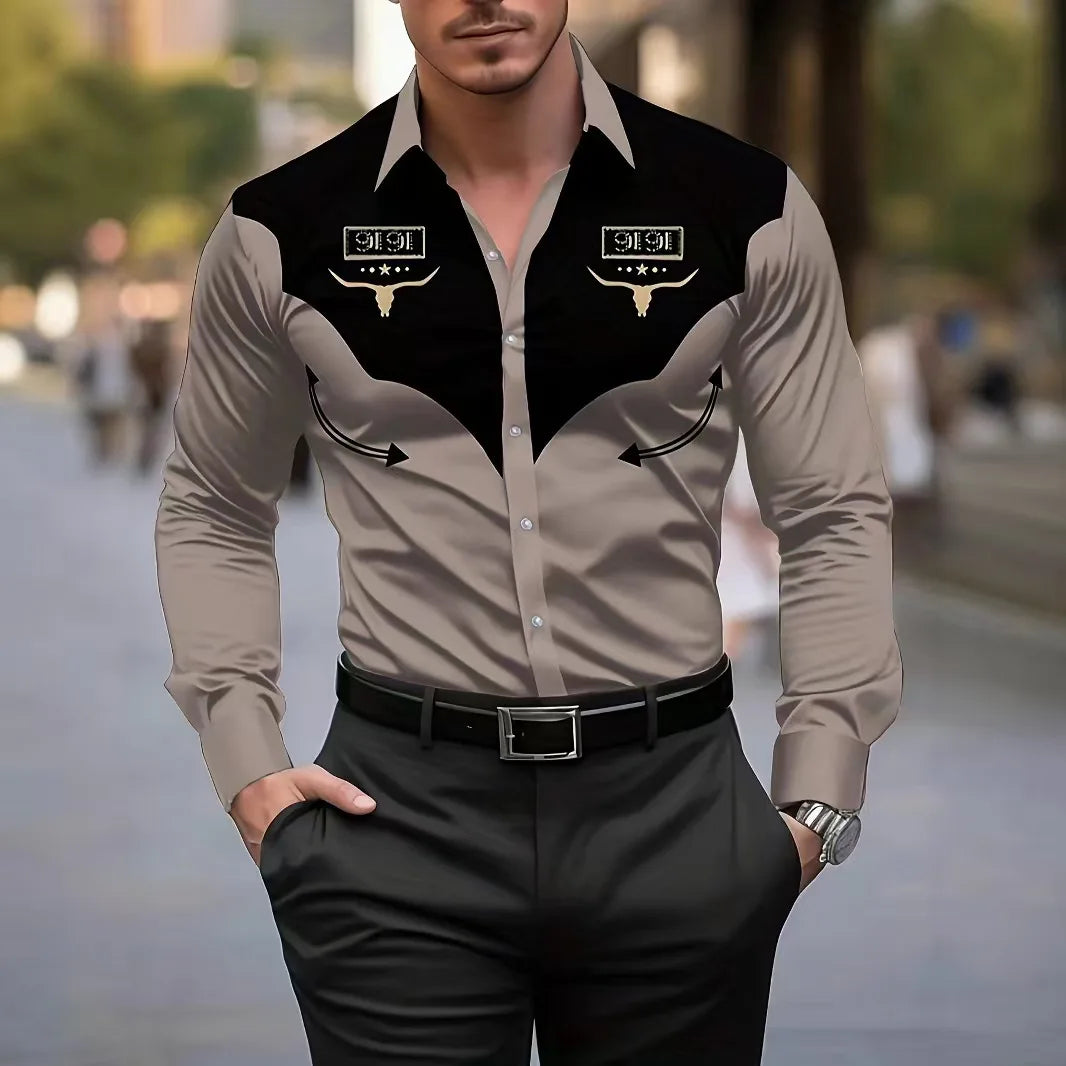 Fashionable Men's Long Sleeve Shirt Breathable Casual Button Striped Vintage Cowboy Western Long Sleeve Shirt