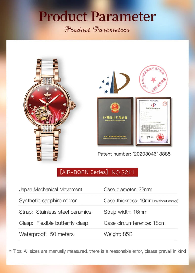 OUPINKE 3211 Women's Watch Elegant Rose Gold Diamond Ceramic Automatic Machinery Women's Watch Luxury Brand Women's Bracelet Set