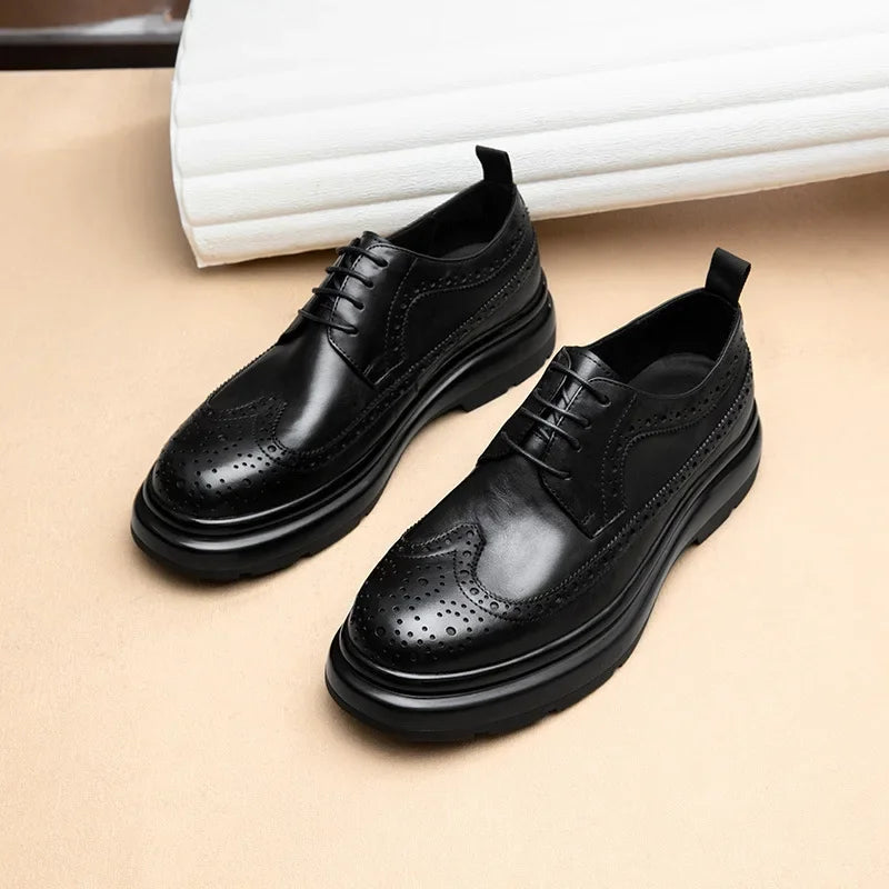 Spring Summer Leather Shoes Men's Genuine Leather Formal Casual Business British Trendy Brogue Thick Bottom Cowhide Shoes