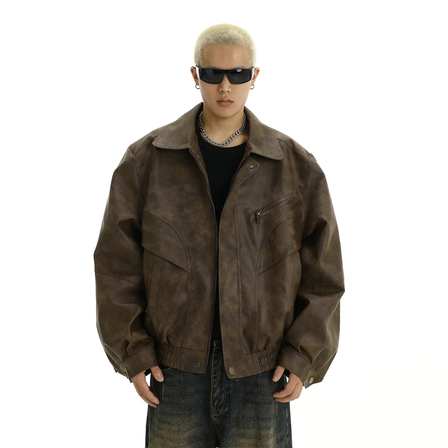 Men's Leather Jacket American style Retro Brown Make old Coat High Street fashion Casual Baggy Polo collar Jacket for men