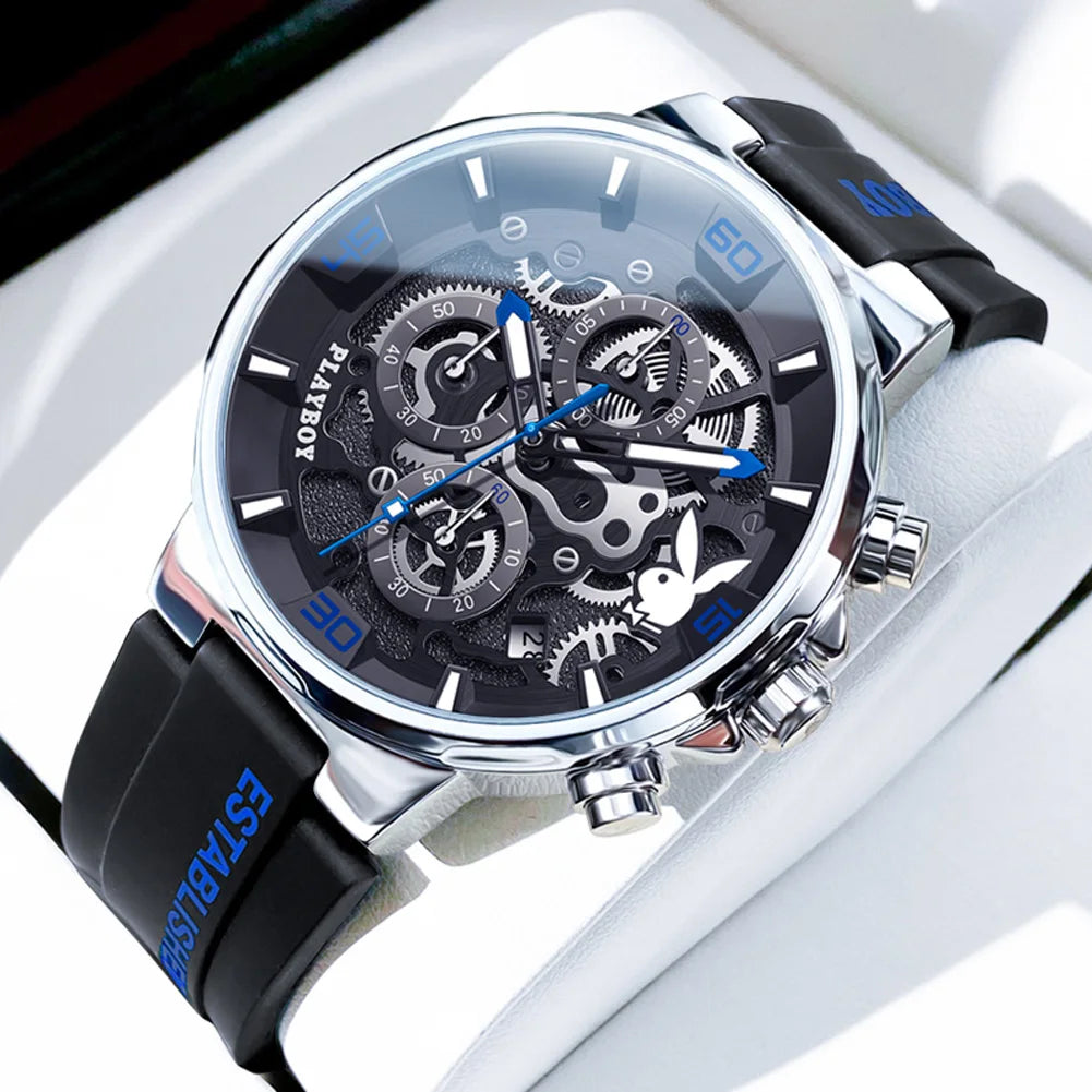 PLAYBOY Luxury Original Watch for Men Silicone Strap Fashion Quartz Men's Wrist Watches Waterproof Luminous Sports Male Watch