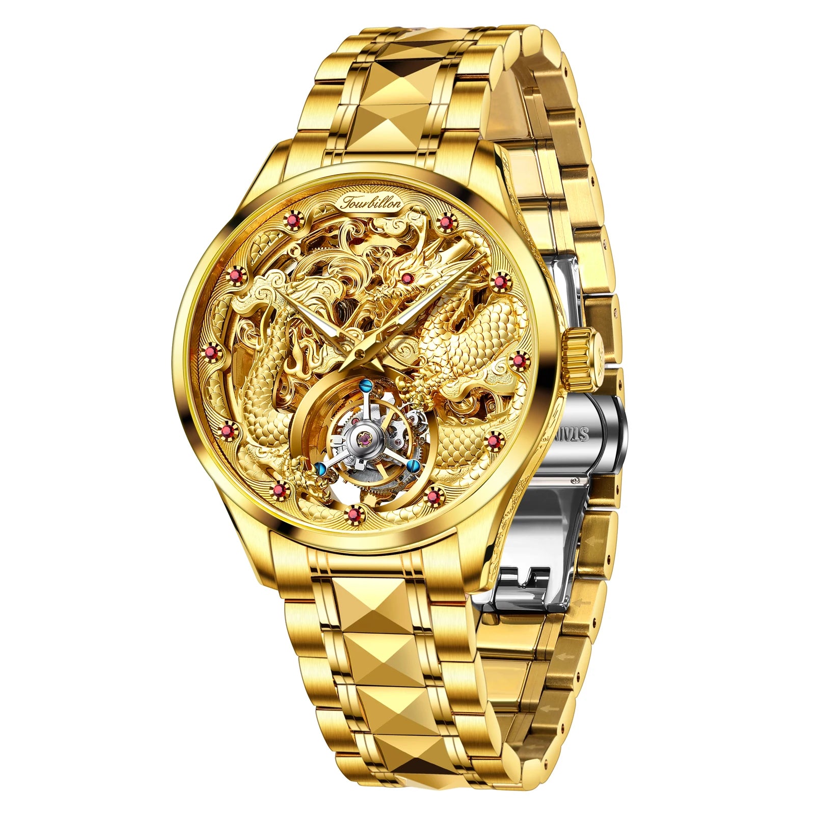 OUPINKE Real Tourbillon Watches Man Tungsten Steel Skeleton Flywheel Automatic Mechanical Men's Watches Luxury Dragon Watch 3176