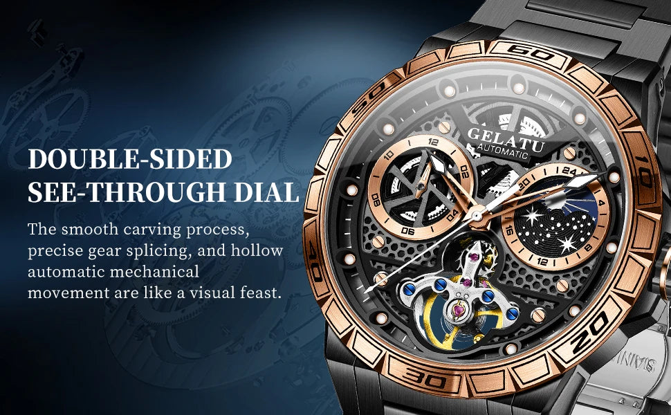 GELATU 6020 Trend Men's Watches Multifunctional Automatic Mechanical Watch for Men Flywheel Hollow out Moon Phase Wristwatch Man