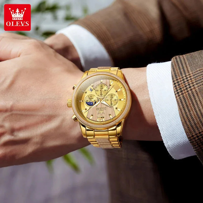 OLEVS 3645 Mens Watch Top Business Quartz Watch Solid Wood Multifunctional Chronograph Watch Moon Phase Reloj New