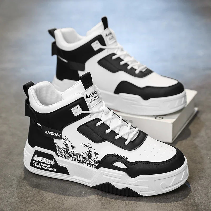 Men's High Top Sport Shoes Summer Autumn Original Versatile Heightening Casual Motion Putian Trendy Shoes round Toe Polyurethane