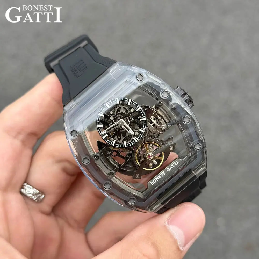 BONEST GATTI 2025 New Men Automatic Watch Tonneau Mechanical Wristwatch Acylic Case Sapphire Lume Hollow Out Dial Fluororubber