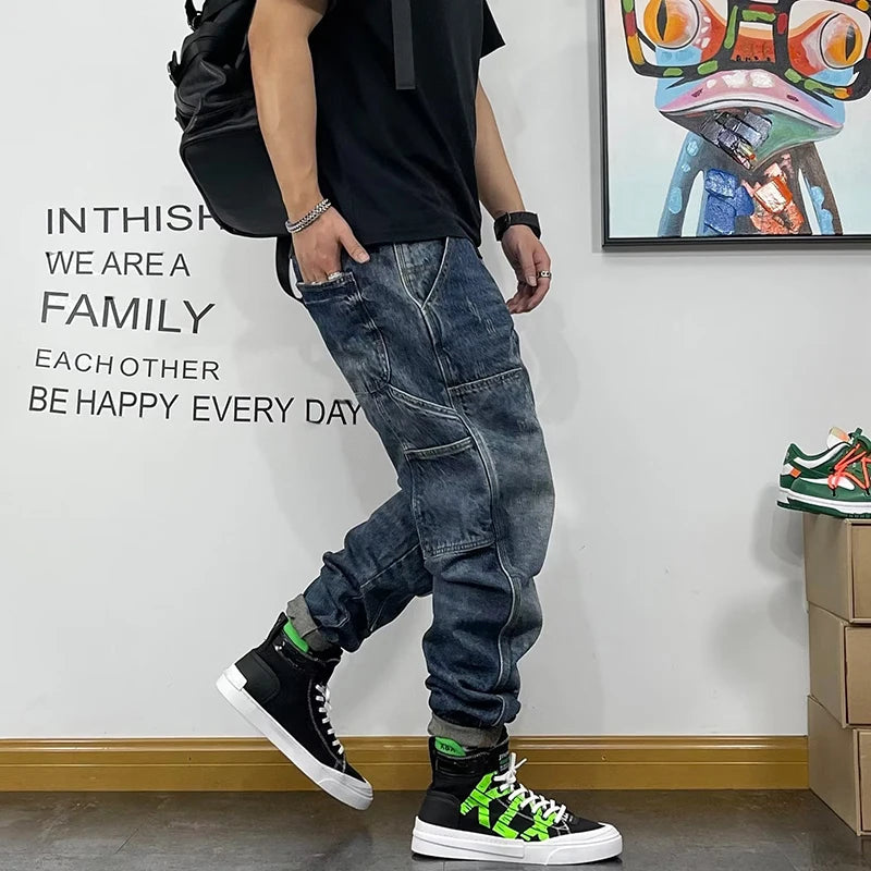 Autumn Men's Jeans With Multiple Pockets Workwear Pants Leg Pants Retro Straight Leg Pants Casual Pants