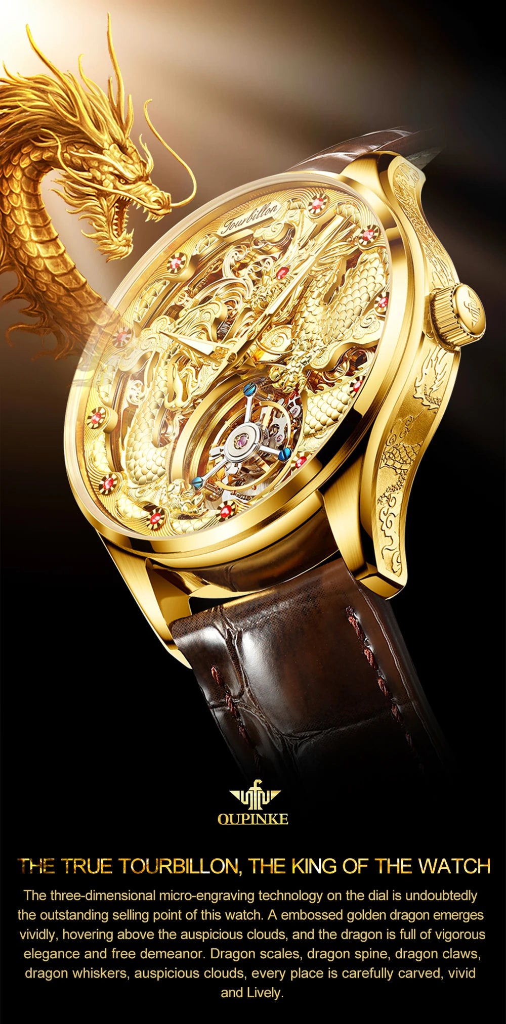 OUPINKE 3176 Top Brand Tourbillon Watch for Men Original Leather Strap Golden Dragon Design Automatic Mechanical Movement Watch