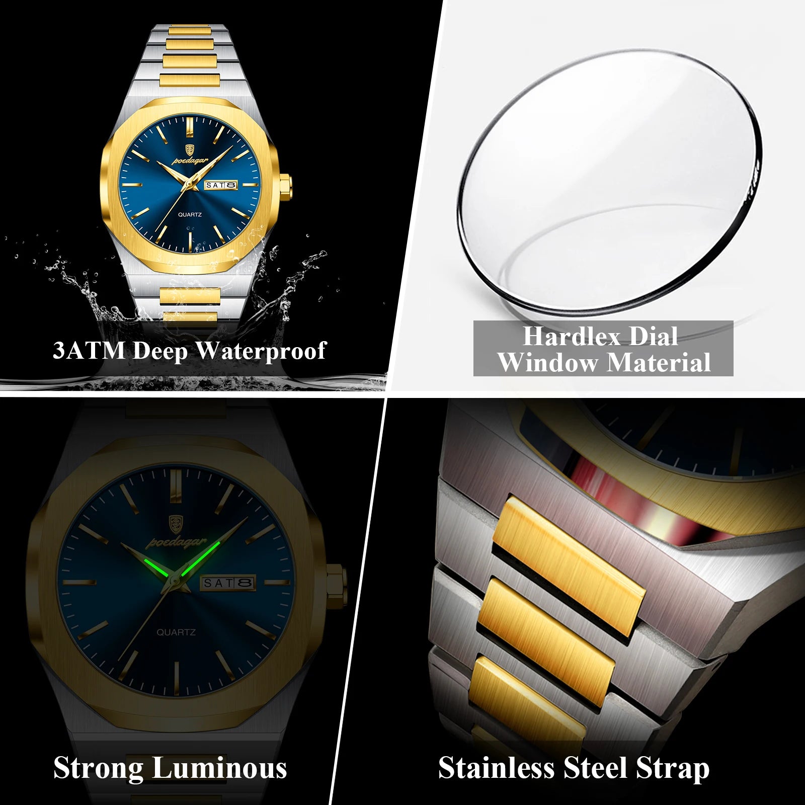 POEDAGAR Top Luxury Men Clock Waterproof Luminous Calendar Week Man Wristwatch Sports Stainless Steel Quartz Men's Watches Reloj