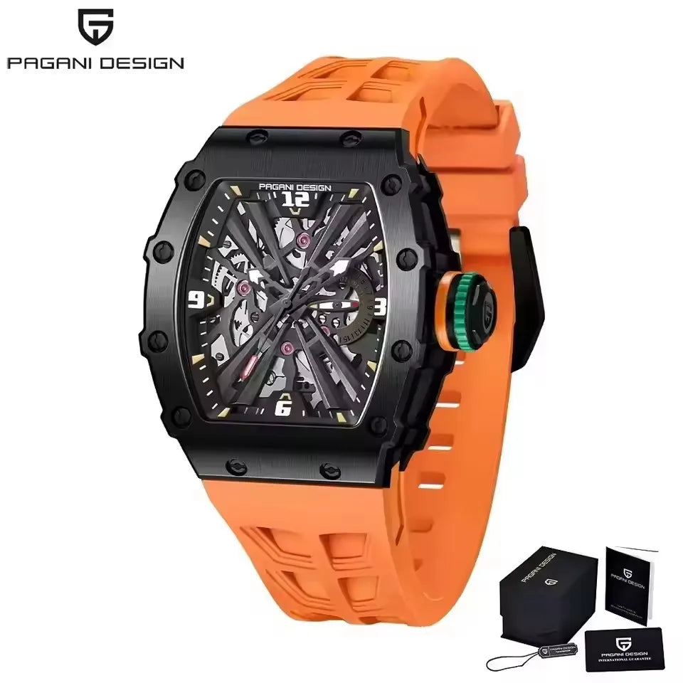 PAGANI DESIGN New VH65 Watch For Men Skeleton Quartz Wristwatch Sapphire Glass Silicone Original Luxury Men Watch Gift With Box
