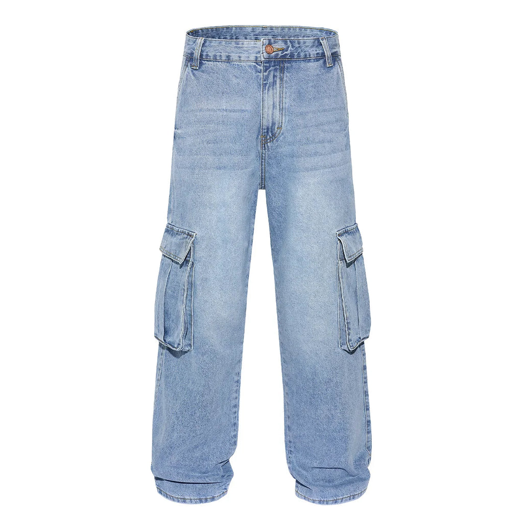 Men's Baggy Cargo Pants Light Blue Washed Denim Multi-Pocket Wide-Leg Jeans Vintage Look Loose Fit Streetwear Style