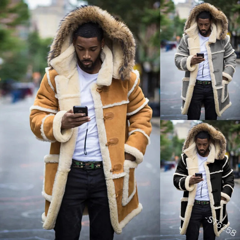 2022 New Men Winter Fashion Leather Jacket Casual Men Clothing Lamb Fur Hooded Jacket Fur Coats Punk Warm Leather Coat Windproof