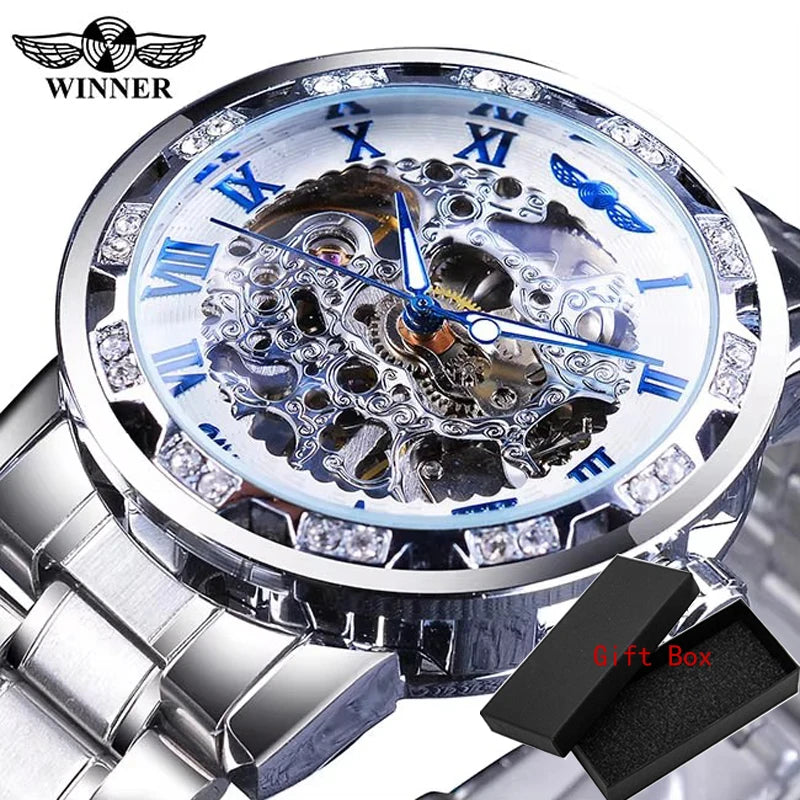 Winner Transparent Fashion Diamond Luminous Gear Movement Royal Design Men Top Brand Luxury Male Mechanical Skeleton Wrist Watch
