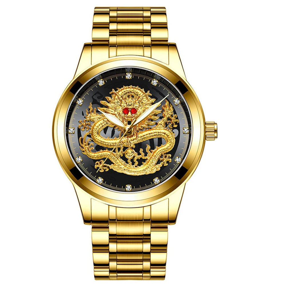POSHI Stainless Steel Fashion Quartz Watch Gold Dragon Men's Watches Luxury Original Design Waterproof Quartz Movement Clock
